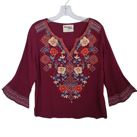 Savanna Jane Tops - Savanna Jane Top Embroidered V Neck Boho Popover Long Sleeves Womens Medium